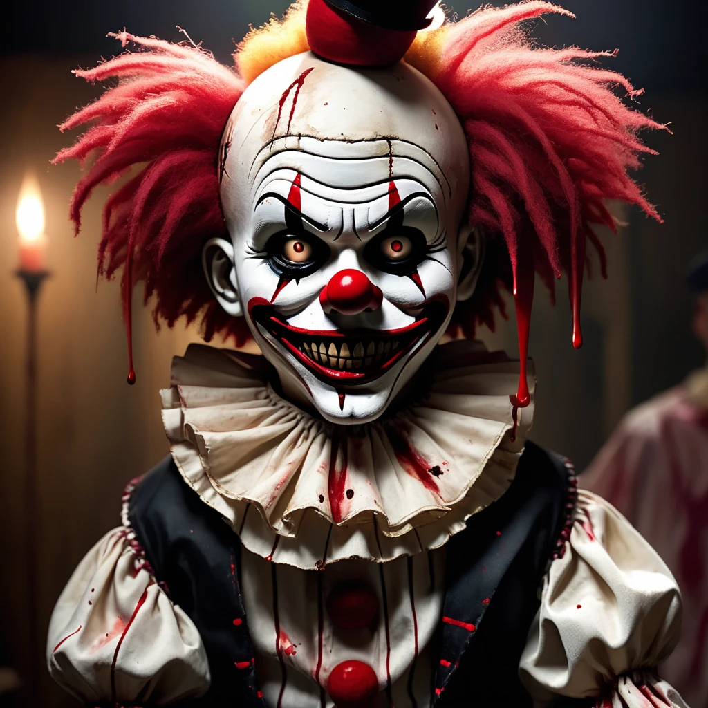 (knitted toy voodoo doll: 1.2), (Voodoo bloody clown maniac from the movie "Horrifying": 1.7), (clothes white and black in half horizontally clown suit and blood stains: 1.5), white face with black eyes and mouth, small black hat, blood splashes on face and clothes, creepy smile, (in the background a dark and abandoned circus with lights out: 1.2), ominous atmosphere, shadows and dim light, disturbing and creepy atmosphere, best quality, masterpiece, detailed soft oil painting, detailed background, dramatic cinematic lighting, soft edge lighting, professional, dramatic lighting, hard edge lighting, ultra quality, 4k, masterpiece, best quality, 8k, ultra high definition, high resolution, extremely detailed