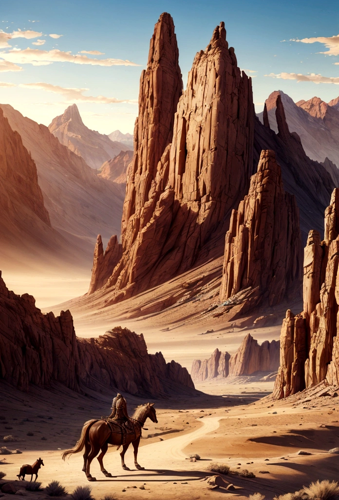 Horses are walking in the desert with mountains in the background, 4K fantasy art, A picture of cinematic fantasy, 8K fantasy art, Highly detailed 4K digital art, fantasy epic digital art, Epic fantasy novel cover art, 4 k detail fantasy, Inspired by Raphael Lacoste, Epic fantasy digital art style, travel to the mountains, magnificent scenery