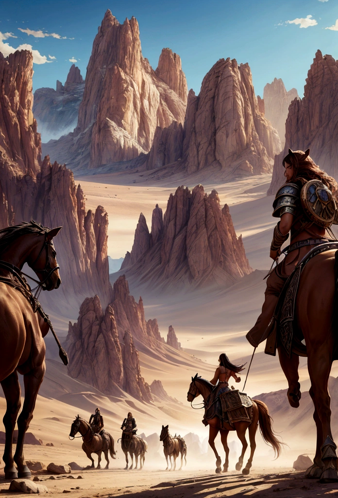 Horses are walking in the desert with mountains in the background, 4K fantasy art, A picture of cinematic fantasy, 8K fantasy art, Highly detailed 4K digital art, fantasy epic digital art, Epic fantasy novel cover art, 4 k detail fantasy, Inspired by Raphael Lacoste, Epic fantasy digital art style, travel to the mountains, magnificent scenery