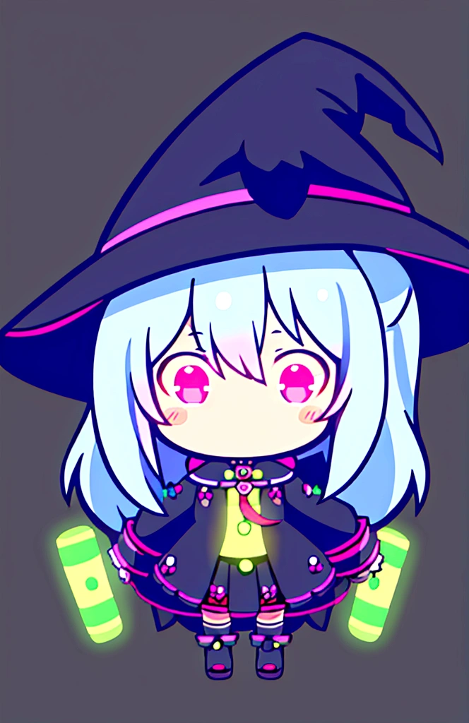  girl, witch hat, neon lights, chibi