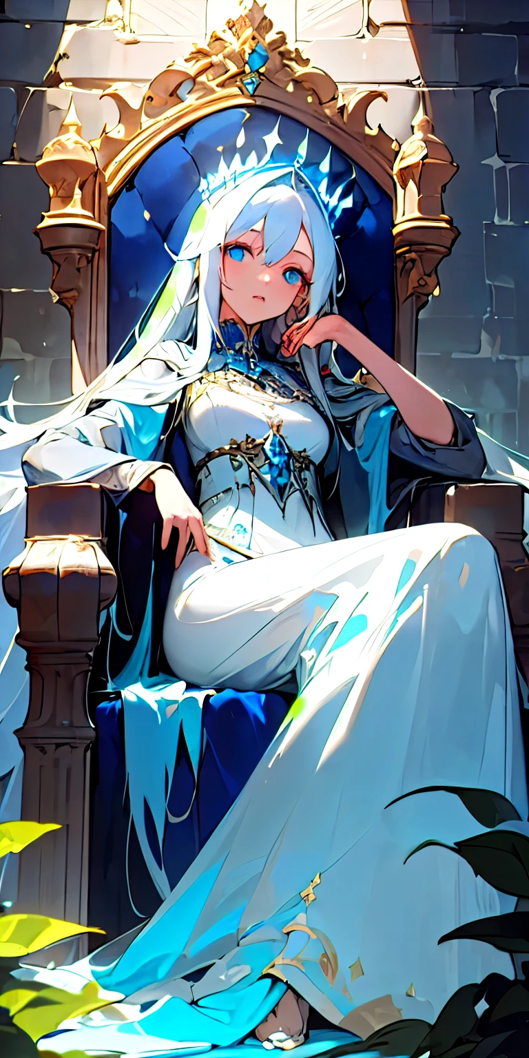 (masterpiece, best quality),1girl with long white hair lounging on a throne in an old stone castle, cold lighting, elaborate long blue dress, foliage through the stone walls, glowing blue eyes
