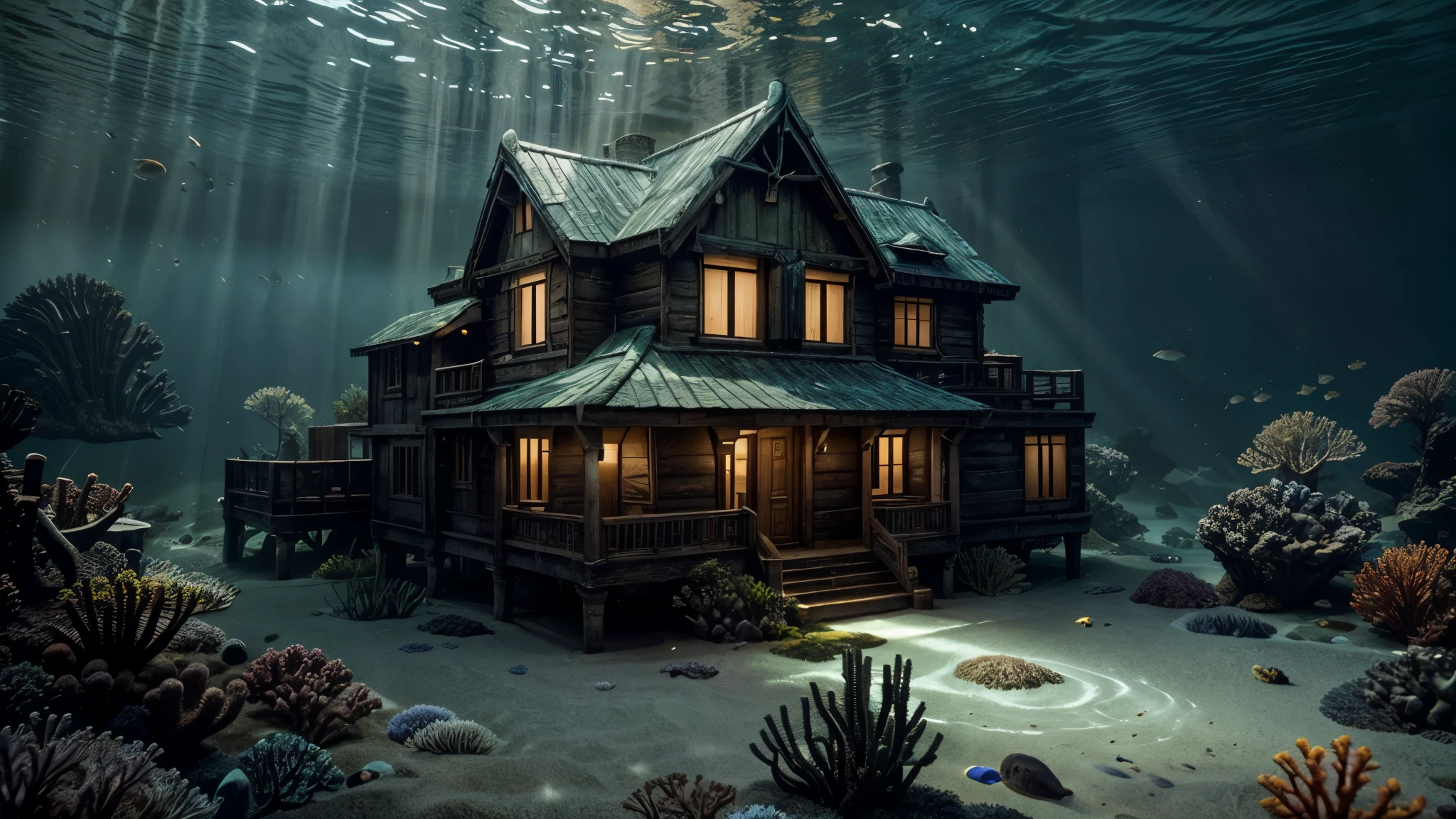 There is a house at the bottom of the ocean, surrounded by marine life. Light breaks through the water, creating mystical lighting. The house is partially covered with seaweed and coral, emphasizing its prolonged stay underwater. A variety of fish and other marine life swim around.

Details for creating a picture:

Main object:

A house with traditional architecture, possibly with visible windows and doors.
The house is weathered with elements of corrosion and fouling by algae and corals.
Ambient:

Ocean floor, covered with sand and stones.
Marine flora: algae, sea grass, kelp.
Marine fauna: various types of fish, maybe small sharks, jellyfish.
Lighting & Atmosphere:

Scattered light penetrating through the water from above, creating soft light rays.
Shadows and depth, giving the image realism.
Bluish and greenish shades, characteristic of the underwater environment.
Additional elements (Optional):

Shipwrecks or old chests in the distance to add ambience.
Little air bubbles rising from the house.
Style and mood:

Realistic style with high detail.
Mystical and slightly mysterious atmosphere.
Combination of modern and natural.
Technical specifications:

High resolution.
Realistic stylization.
Detailed elements of the house and the underwater world.
Effective use of light and shadow to create depth and realism.