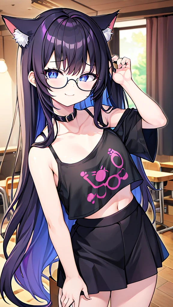 An 18-year-old cat girl with long black hair with purple ends, blue eyes, chest, and round-shaped glasses. (Black T shirt , black crop top shirt, Black off-the-shoulder shirt, Cat pattern in the middle of the shirt),school short black skirt, black panties, standing,