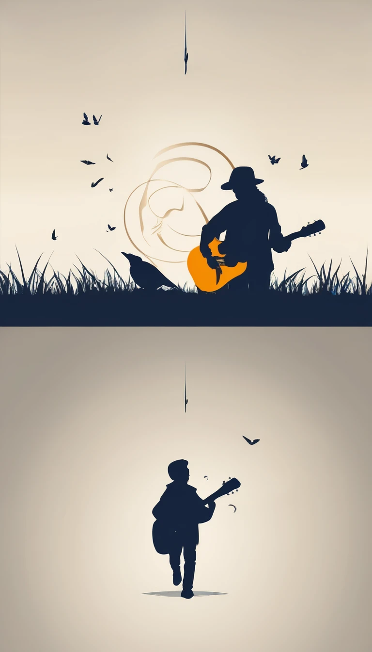 A minimal, modern, simple, cinematic logotype for the brand “Penamemoria". The logotype must be a simple, silhouette of a boy, standing up, playing acoustic guitar and fantasy feather by his side. The logo must convey a sense of music, stories and dreams. Logo design impressed on a book cover. Minimalistic logo