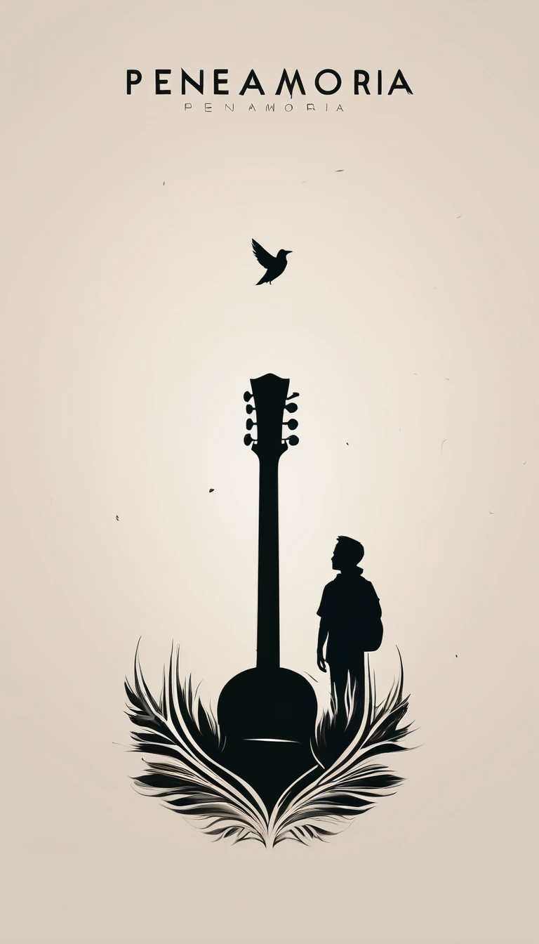 A minimal, modern, simple, cinematic logotype for the brand “Penamemoria". The logotype must be a simple, silhouette of a boy, standing up, playing acoustic guitar and fantasy feather by his side. The logo must convey a sense of music, stories and dreams. Logo design impressed on a book cover. Minimalistic logo