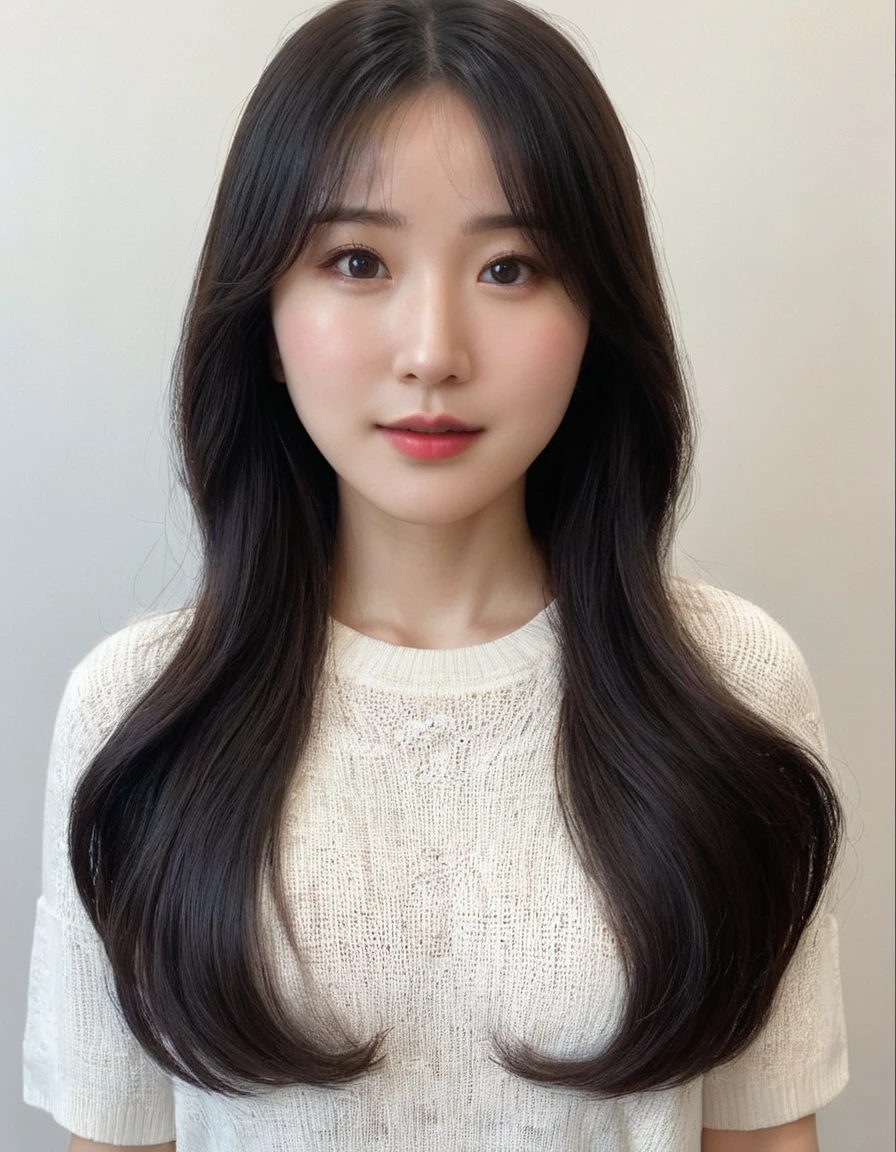 Best Quality, 8k, Masterpiece, (Portrait: 1.3), (photo realistic:1.4), (hyper realistic:1.4), Sharp Focus, looking at viewer, (smoother lighting:1.1), (increase cinematic lighting quality:0.9), realistic lighting, backlighting, light on face, ray trace, (brightening light:1.2), (Increase quality:1.4), sharp detail, (best quality real texture skin:1.4), finely detailed eyes, black_eyes, finely detailed face, 25 year old Korean woman, charmed_face