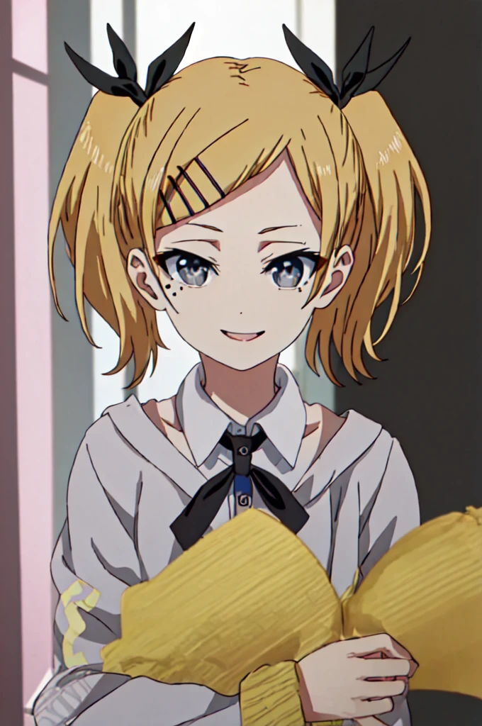 best quality, masterpiece, highres, solo, {yano_erika_shirobako:1.15}, blonde_hair, twintails, hair_ornament, hairclip, ribbon, mole, mole_under_eye, hair_ribbon, short_twintails, short_hair, grey_eyes, 1girl, smile, solo_focus, 1boy, anime_coloring, black_ribbon