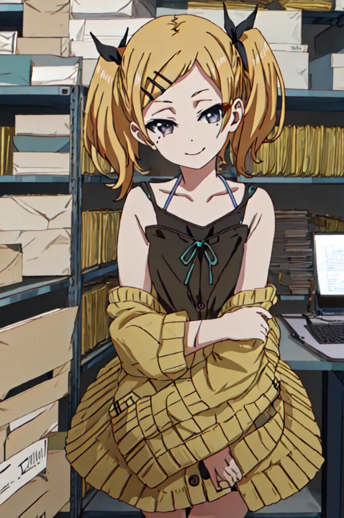 best quality, masterpiece, highres, solo, {yano_erika_shirobako:1.15}, blonde_hair, twintails, hair_ornament, hairclip, ribbon, mole, mole_under_eye, hair_ribbon, short_twintails, short_hair, grey_eyes, 1girl, smile, solo_focus, 1boy, anime_coloring, black_ribbon