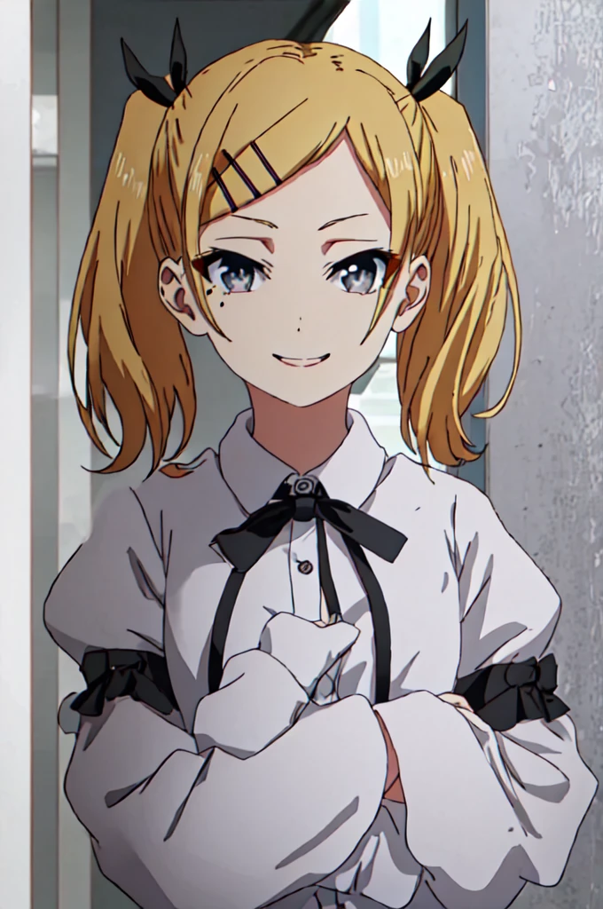 best quality, masterpiece, highres, solo, {yano_erika_shirobako:1.15}, blonde_hair, twintails, hair_ornament, hairclip, ribbon, mole, mole_under_eye, hair_ribbon, short_twintails, short_hair, grey_eyes, 1girl, smile, solo_focus, 1boy, anime_coloring, black_ribbon