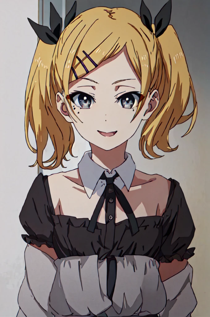 best quality, masterpiece, highres, solo, {yano_erika_shirobako:1.15}, blonde_hair, twintails, hair_ornament, hairclip, ribbon, mole, mole_under_eye, hair_ribbon, short_twintails, short_hair, grey_eyes, 1girl, smile, solo_focus, 1boy, anime_coloring, black_ribbon