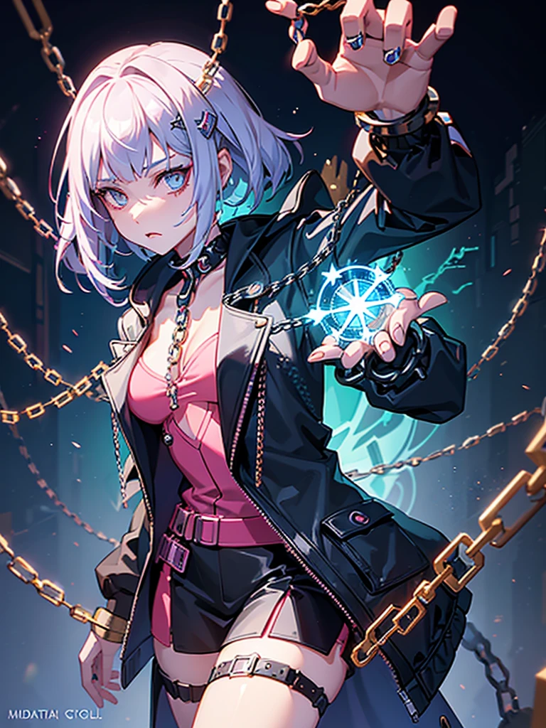 a girl,Magician,((Fashionable clothing)),((Cyberpunk style)),((magic circle)),bud,crystal,spark,Water Flow,((Multi-element)),wave,((Super detailed)),((Rendering)),best picture