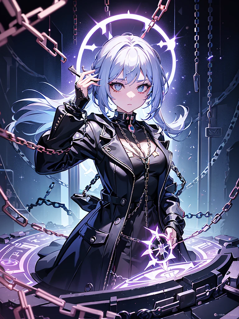 a girl，Magician，((Fashionable clothing))，((Cyberpunk style))，((magic circle))，bud，crystal，spark，Water Flow，((Multi-element))，wave，((Super detailed))，((Rendering))，((Chains:1.35))，((Constraints:1.35))，best picture