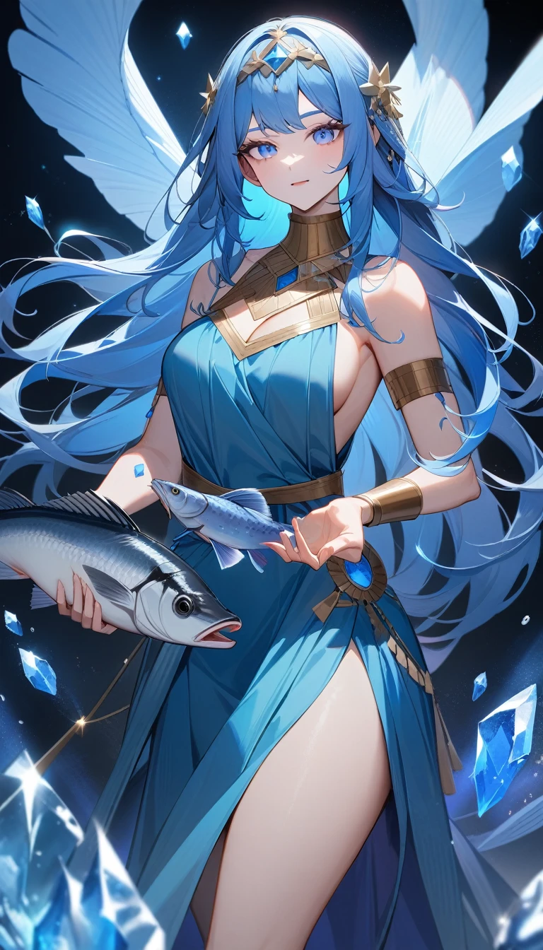 （Huang Li、high quality、Extremely detailed），Constellation-Pisces Goddess，Huge fish，Woman stroking fish，Similar to Latin goodness，brave，capricious，Productivity，The face of enterprising and humanitarianism，Long blue hair，Ancient Greek costumes、Wrap Dress，The background is the universe，Crystal blue eyes（Eyes Details），Powerful appearance