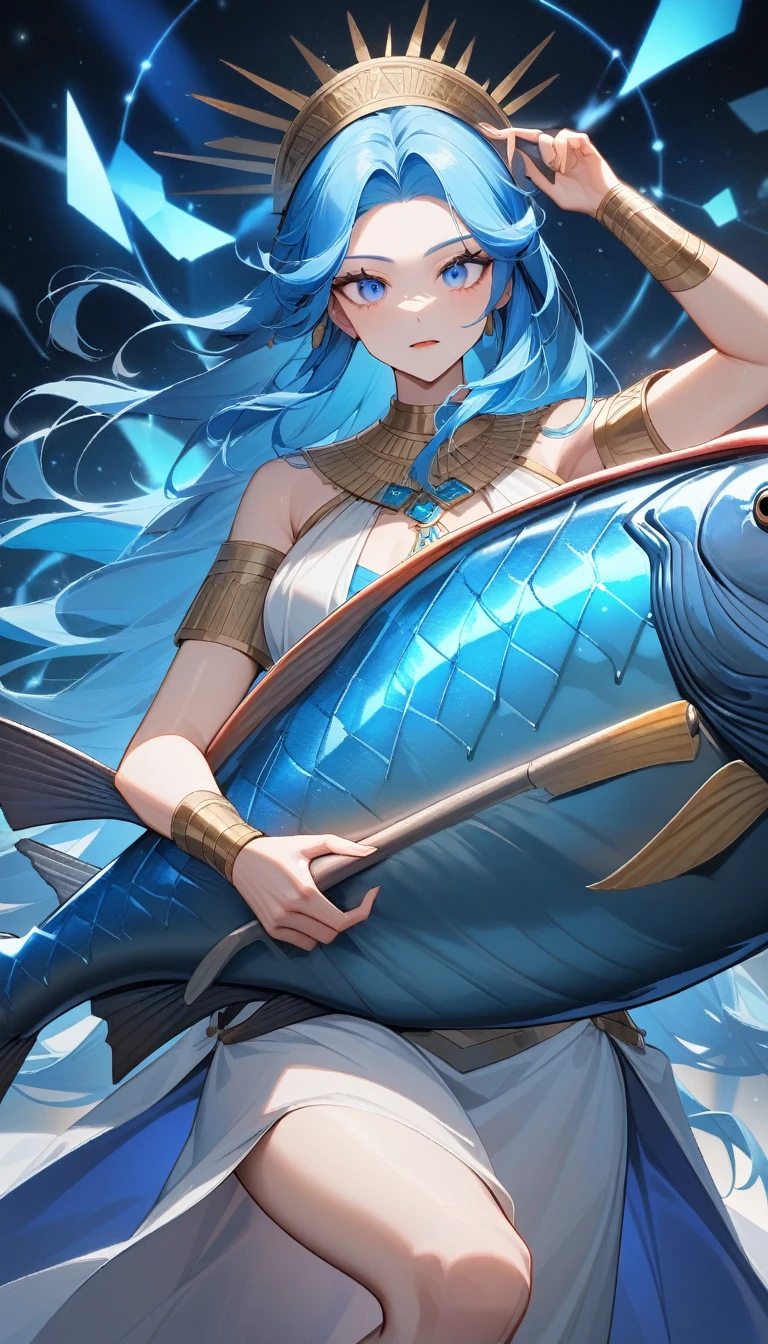(Huang Li、high quality、Extremely detailed),Constellation-Pisces Goddess,Huge fish,Woman stroking fish,Similar to Latin goodness,brave,capricious,Productivity,The face of enterprising and humanitarianism,Long blue hair,Ancient Greek costumes、Wrap Dress,The background is the universe,Crystal blue eyes(Eyes Details),Powerful appearance