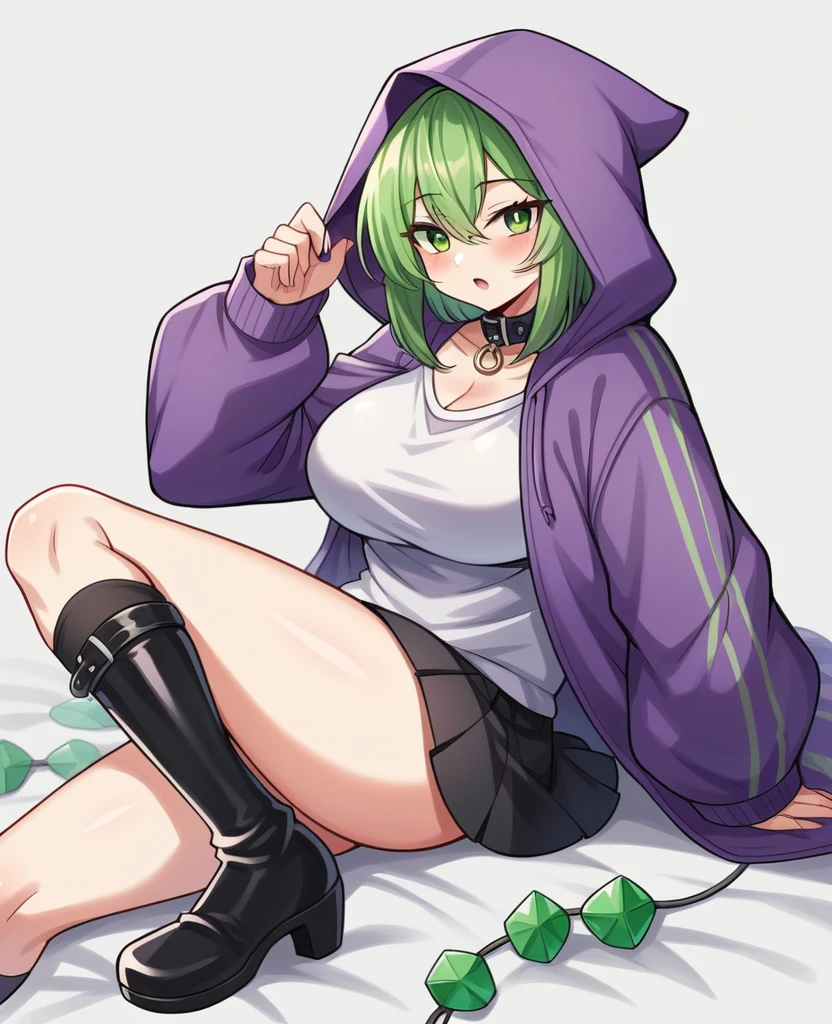 Girl (Very long emerald green hair)) (Purple sweater (He wears a hood that is part of the sweater which has white spikes on top ) (short thigh-length green and purple skirt) (purple and green striped long socks) (Small heeled boots Black color ) (Black anti-flea dog collar on the neck ) (no earrings