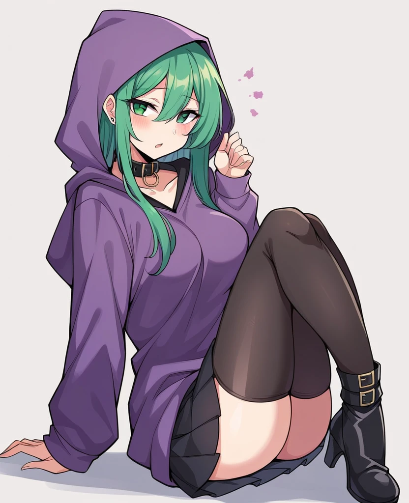 Girl (Very long emerald green hair)) (Purple sweater (He wears a hood that is part of the sweater which has white spikes on top  )  (short thigh-length green and purple skirt) (purple and green striped long socks) (Small heeled boots Black color ) (Black anti-flea dog collar on the neck ) (no earrings