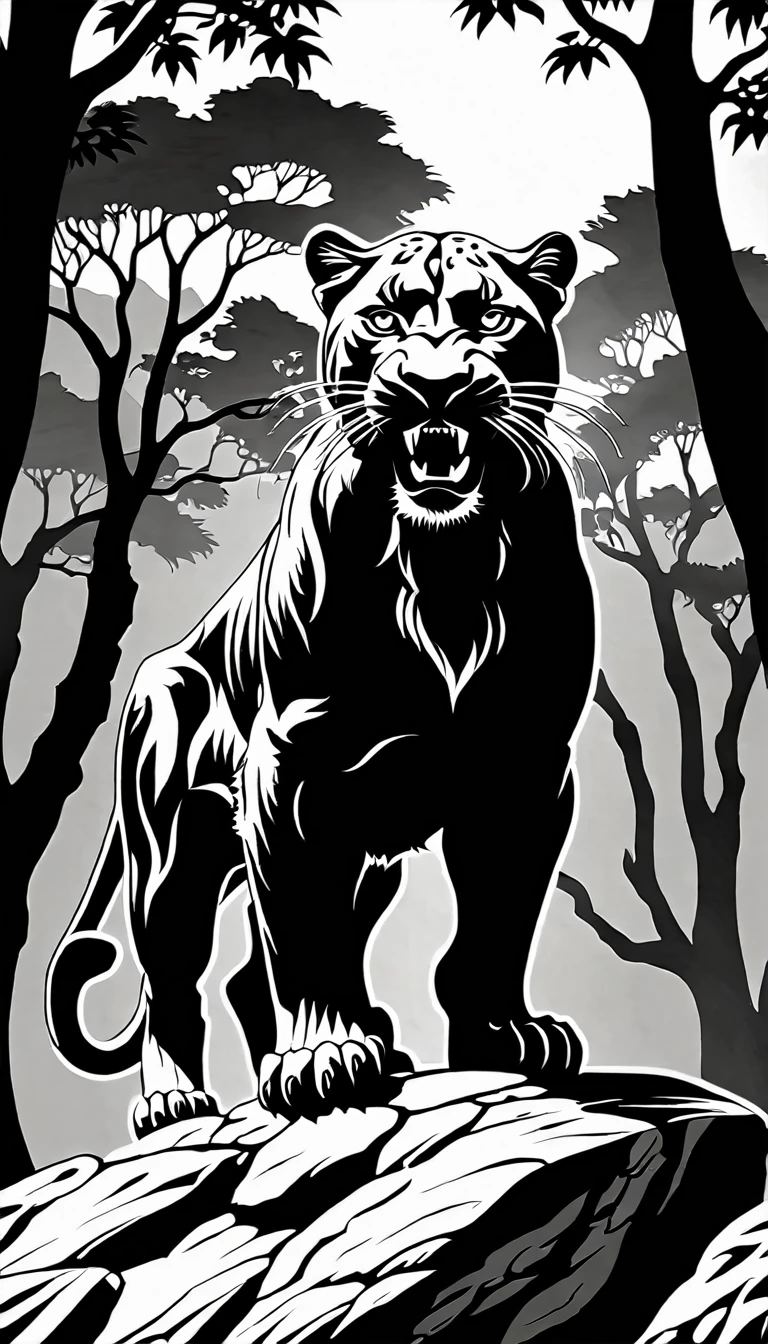 a black and white image of a panther standing on a rock with its mouth open, panther  icon, panther , the man riding is on the panther ,panther , third panther  head, black and white vector art, half panther , panther  head, panther  with crown, 2 d full body panther , highly detailed vector art, aslan the panther , black and white vector, vector art for cnc plasma, panther  body, vector images, fire panther , king of the jungle, complete whole panther  body, roaring
