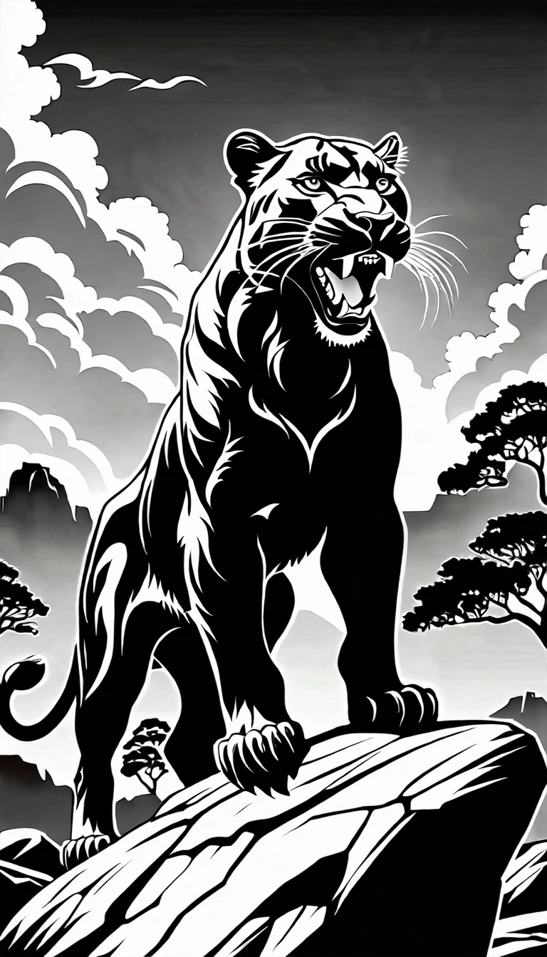 a black and white image of a panther standing on a rock with its mouth open, panther icon, panther , the man riding is on the panther ,panther , third panther head, black and white vector art, half panther , panther head, panther with crown, 2 d full body panther , highly detailed vector art, aslan the panther , black and white vector, vector art for cnc plasma, panther body, vector images, fire panther , king of the jungle, complete whole panther body, roaring