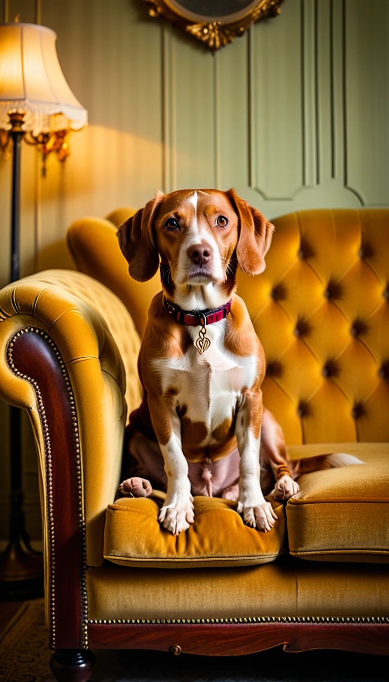 red-haired dog sitting on a velvet retro light ocher sofa, framing close up on the dog, side lighting, vintage style, vibrant colors, high quality photo --ar 2:3 --v 5