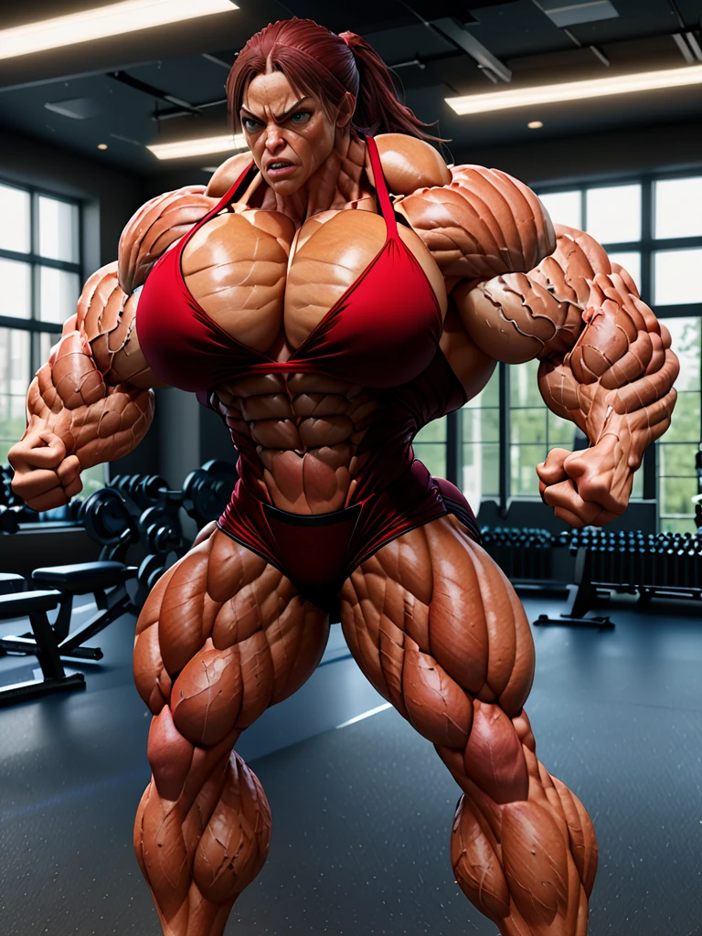 a muscular woman, detailed facial features, angry expression, clenched fists, veins popping, tensed muscles, intense workout, fitness studio, dramatic lighting, cinematic camera angle, (best quality,4k,8k,highres,masterpiece:1.2),ultra-detailed,(realistic,photorealistic,photo-realistic:1.37),cinematic,dramatic,hyper-detailed,unreal engine,octane render,hyper-realistic,extremely detailed muscles,extremely defined musculature