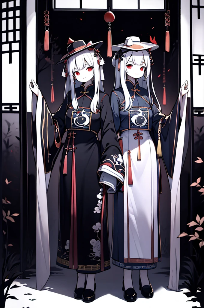 2 young girls wearing traditional chinese clothing, symmetrical composition, black-clothed girl and white-clothed girl standing together, ominous atmosphere, underworld style, medium shot focused on upper body, black and white ghost characters, hanfu, miao ethnic minority clothing, chinese miao ethnic style clothing, ominous and eerie style, symmetrical composition, yin and yang, traditional chinese official hat without brim, tall cylindrical hat without brim, high hat without brim, no brim, underworld, yin and yang