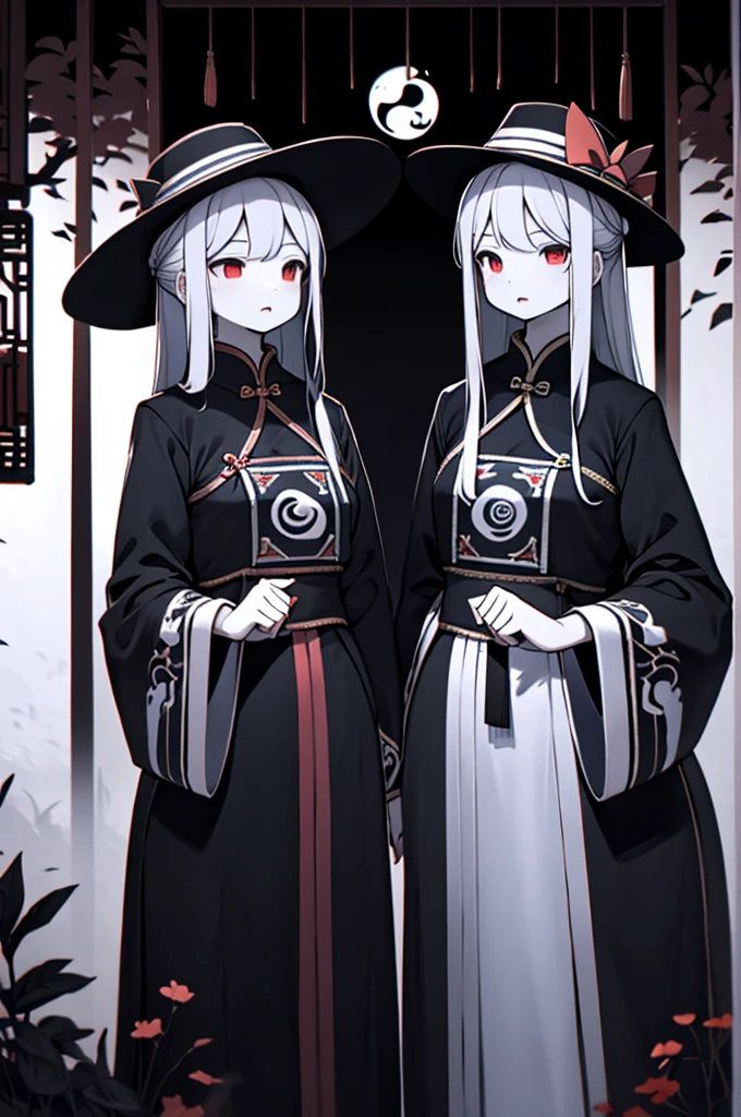 2 young girls wearing traditional chinese clothing, symmetrical composition, black-clothed girl and white-clothed girl standing together, ominous atmosphere, underworld style, medium shot focused on upper body, black and white ghost characters, hanfu, miao ethnic minority clothing, chinese miao ethnic style clothing, ominous and eerie style, symmetrical composition, yin and yang, traditional chinese official hat without brim, tall cylindrical hat without brim, high hat without brim, no brim, underworld, yin and yang