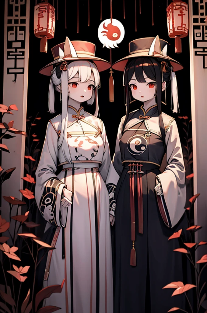 2 young girls wearing traditional chinese clothing, symmetrical composition, black-clothed girl and white-clothed girl standing together, ominous atmosphere, underworld style, medium shot focused on upper body, black and white ghost characters, hanfu, miao ethnic minority clothing, chinese miao ethnic style clothing, ominous and eerie style, symmetrical composition, yin and yang, traditional chinese official hat without brim, tall cylindrical hat without brim, high hat without brim, no brim, underworld, yin and yang