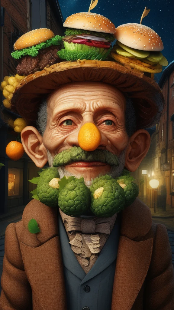 (masterpiece,Best quality:1.5), Style of Giuseppe Arcimboldo.,Mingey (),🠂,🪵,🌲, Victoria De Angelis, Satisfying, fried beef,snowing,Lovecraftian,City street, Anime