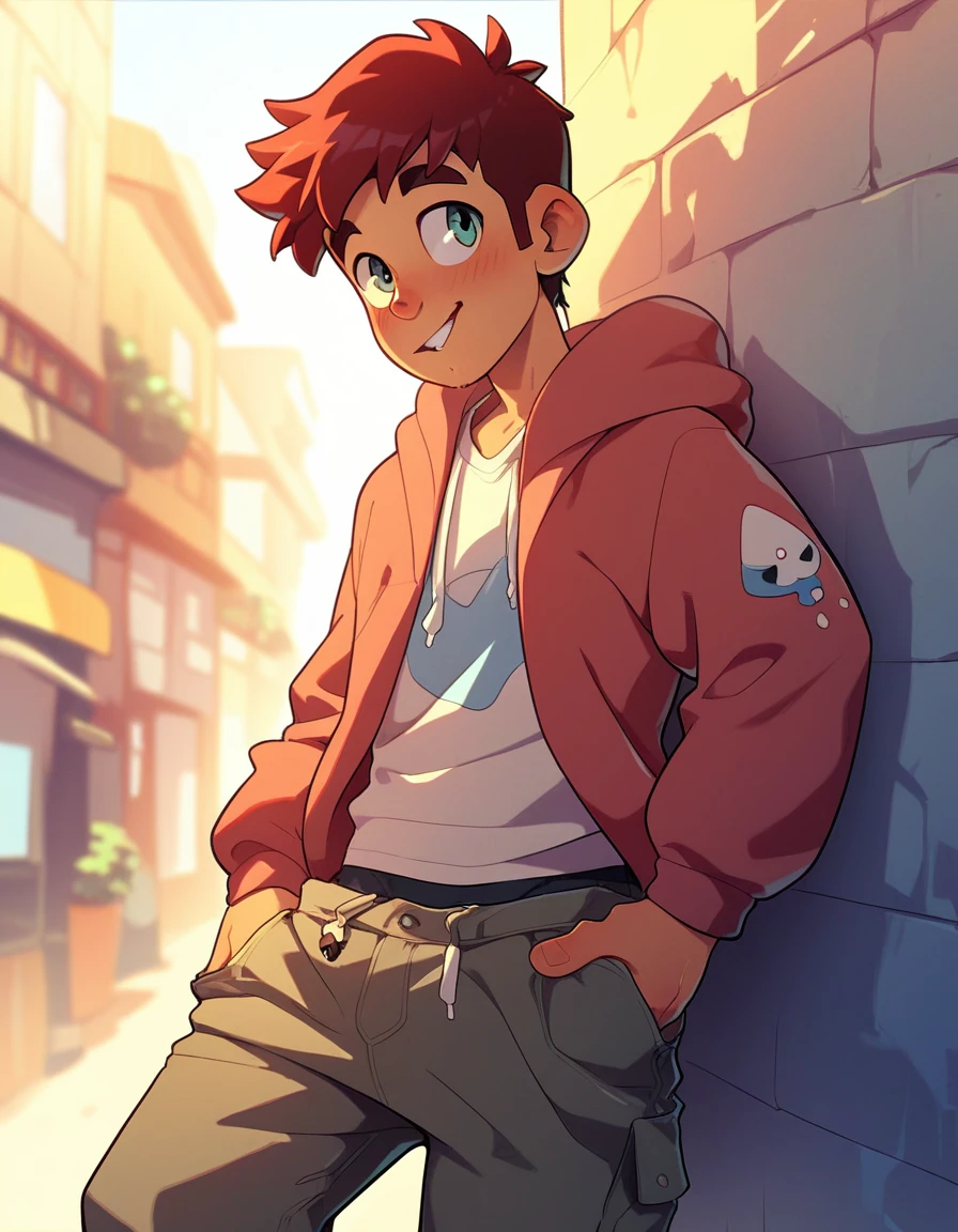 A young man wearing an oversized hoodie and baggy cargo pants. The hoodie is brown and very loose-fitting, with long sleeves that extend beyond the hands. The cargo pants are black and have a relaxed fit with large pockets. The outfit gives a casual and comfortable look, perfect for streetwear fashion. The background is a simple urban setting with neutral tones