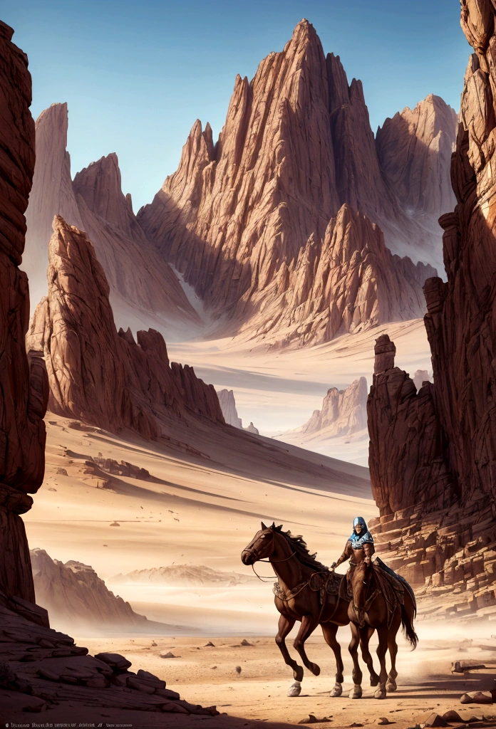 Horses are walking in the desert with mountains in the background, 4K fantasy art, A picture of cinematic fantasy, 8K fantasy art, Highly detailed 4K digital art, fantasy epic digital art, Epic fantasy novel cover art, 4 k detail fantasy, Inspired by Raphael Lacoste, Epic fantasy digital art style, travel to the mountains, magnificent scenery