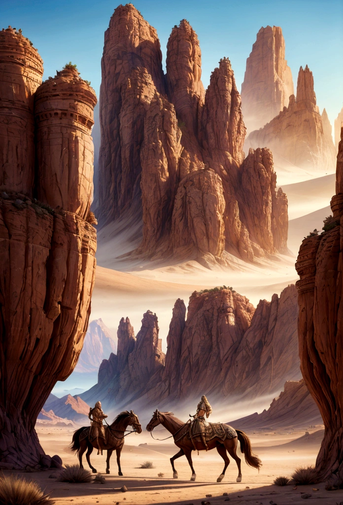 Horses are walking in the desert with mountains in the background, 4K fantasy art, A picture of cinematic fantasy, 8K fantasy art, Highly detailed 4K digital art, fantasy epic digital art, Epic fantasy novel cover art, 4 k detail fantasy, Inspired by Raphael Lacoste, Epic fantasy digital art style, travel to the mountains, magnificent scenery