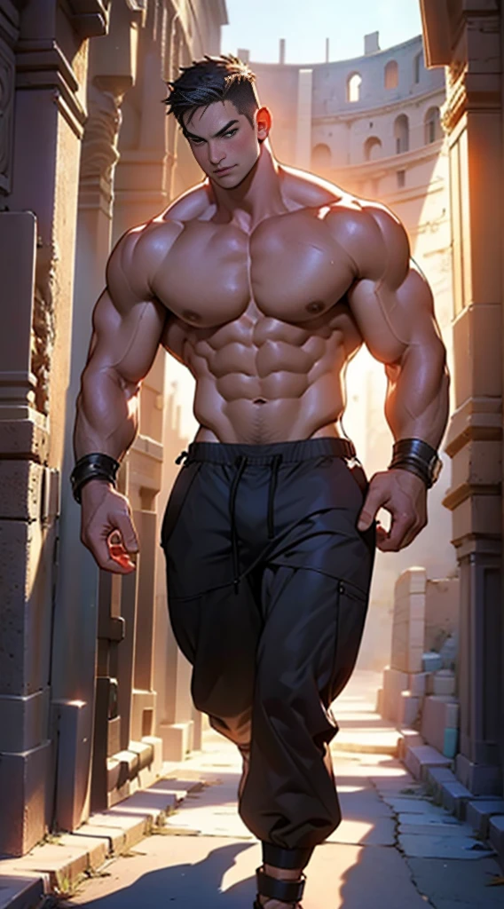 Mighty gladiator, chest uncovered, lower body revealed from thighs to feet, cascading long curls, detailed muscular physique, lifelike depiction, 4K resolution. Background: Colosseum during a spectacular sunset,32k uhd, best quality, masterpiece, super detail, high details