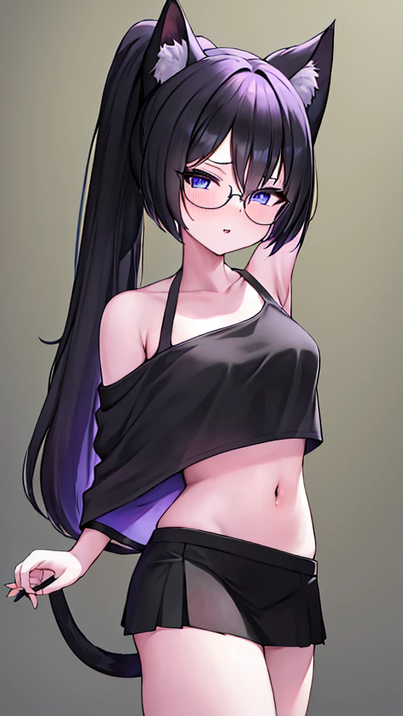 An 18-year-old cat girl with long black hair with purple ends, blue eyes, chest, and round-shaped glasses. (black crop top shirt, Black off-the-shoulder shirt, sleeveless, Cat pattern in the middle of the shirt),school short black skirt, black panties, standing,