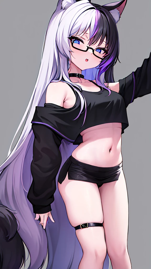 An 18-year-old cat girl with long black hair with purple ends, blue eyes, chest, and round-shaped glasses. (black crop top shirt, Black off-the-shoulder shirt, sleeveless, Cat pattern in the middle of the shirt),school short black skirt, black panties, standing,