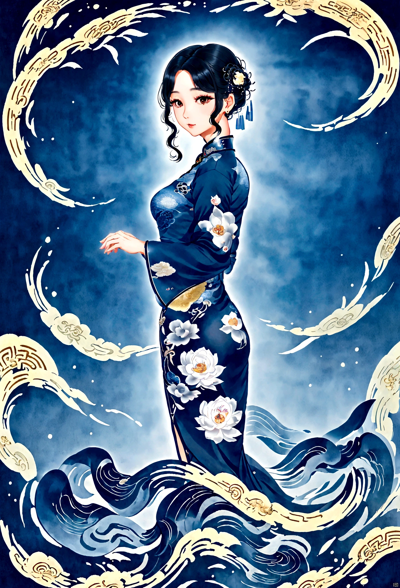 (masterpiece, best quality:1.2),Wavy hair secretary，solitary,Exquisite eyes,Fine black hair，( Smooth skin:1.2)( Wear a gorgeous and shining cheongsam:1.2)， Slender body proportions，Back，Gorgeous room（（Intricate details））