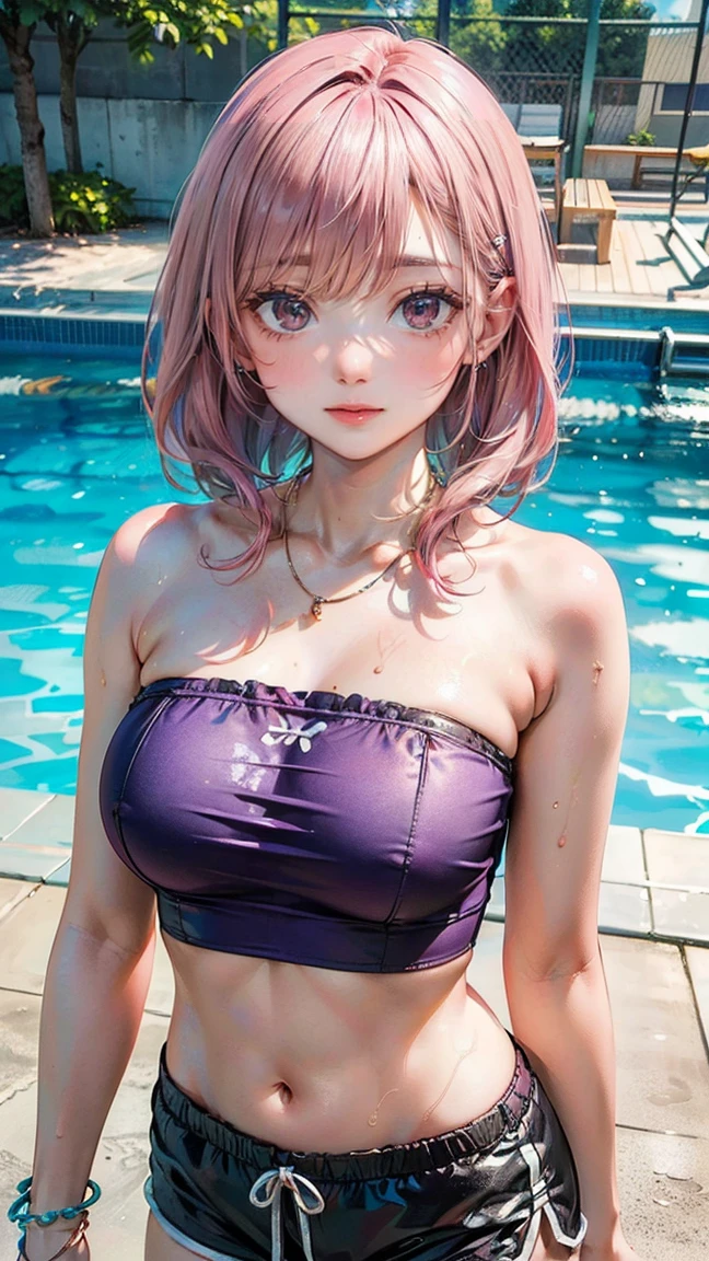 (Masterpiece, BestQuality:1.3), (ultra detailed:1.2), (hyperrealistic:1.3), (RAW photo:1.2), High detail RAW color photo, professional photograph, (Photorealistic:1.4), (realistic:1.4), professional lighting, perfect anatomy, (Big Breasts:1.2), (blush, detailed face), (cheerful Smile:1.5), Trending Hair&Trending Hairカラーをランダムに, earrings, necklace, bracelet, sexly, erotic sexly, Random sexy gravure poses, (A beautiful pink-haired woman wearing a purple tube top and shorts、Smiling and posing sexy by the pool in summer。: 1.3)