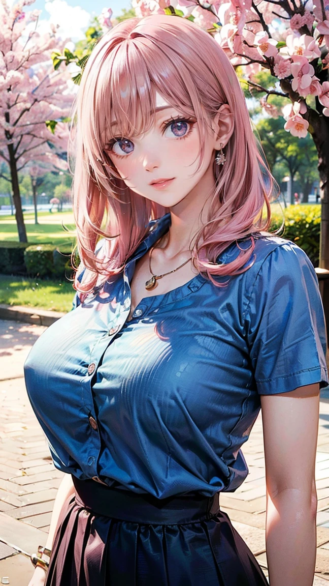 (Masterpiece, BestQuality:1.3), (ultra detailed:1.2), (hyperrealistic:1.3), (RAW photo:1.2), High detail RAW color photo, professional photograph, (Photorealistic:1.4), (realistic:1.4), professional lighting, perfect anatomy, (:1.2), (blush, detailed face), (cheerful Smile:1.5), Trending Hair&Trending Hairカラーをランダムに, earrings, necklace, bracelet, sexly, erotsexly,  sexy gure poses, (A utiful pink-haired woman wearing a blue casual shirt and skirt、Smiling and posing sexy in the spring park。: )