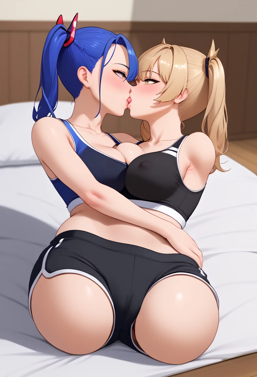(best quality, masterpiece1.2), 2girl, blush, woman, sexy, detailed, extreme detail, perfect lighting, 4k, vivid colors,(((sitting on bed))),(((sitting))),bedroom,wooden floor,shinning wooden floor, wide hips, (large breasts:1.2) BREAK anime style, source anime,(legsless, armsless:1.2),smile,(centered),twintails,((sport shorts)),black top,multiple girls,kissing,lesbian,masturbating
