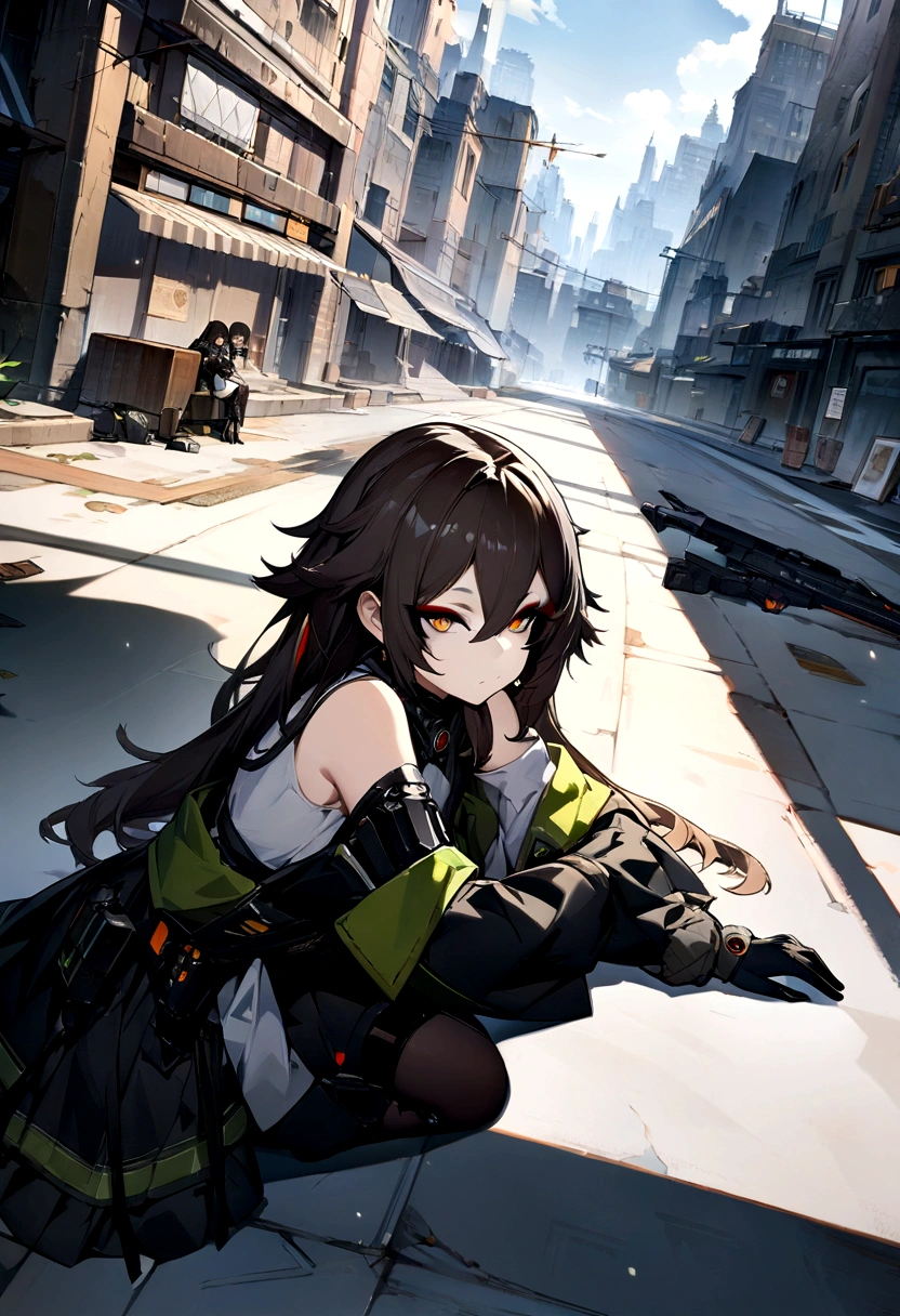 (Extremely detailed CG unity 8k wallpaper),(masterpiece), (best quality), (Extremely detailed), (Best Illustration Award),(The best shadow), Cowboy shooting, (Sharp eyeliner, Eyeshadow, Delicate eyes:1.1), (City background:1.2), ,rest , Module 3 (Girls Frontline), ,