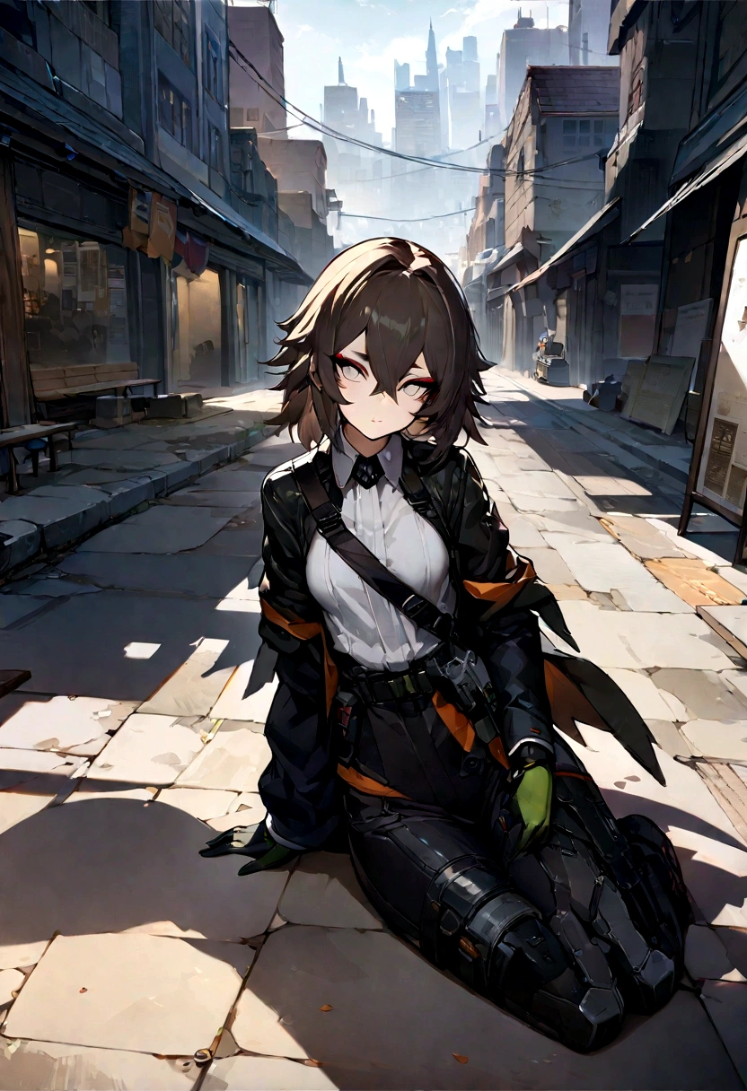 (Extremely detailed CG unity 8k wallpaper),(masterpiece), (best quality), (Extremely detailed), (Best Illustration Award),(The best shadow), Cowboy shooting, (Sharp eyeliner, Eyeshadow, Delicate eyes:1.1), (City background:1.2), ,rest , Module 3 (Girls Frontline), ,