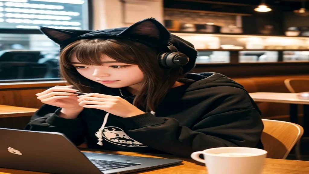 A beautiful girl wearing a cat ear hoodie is wearing headphones、Looking at a laptop in an atmospheric cafe in the evening。
Change the characters and background to an anime style