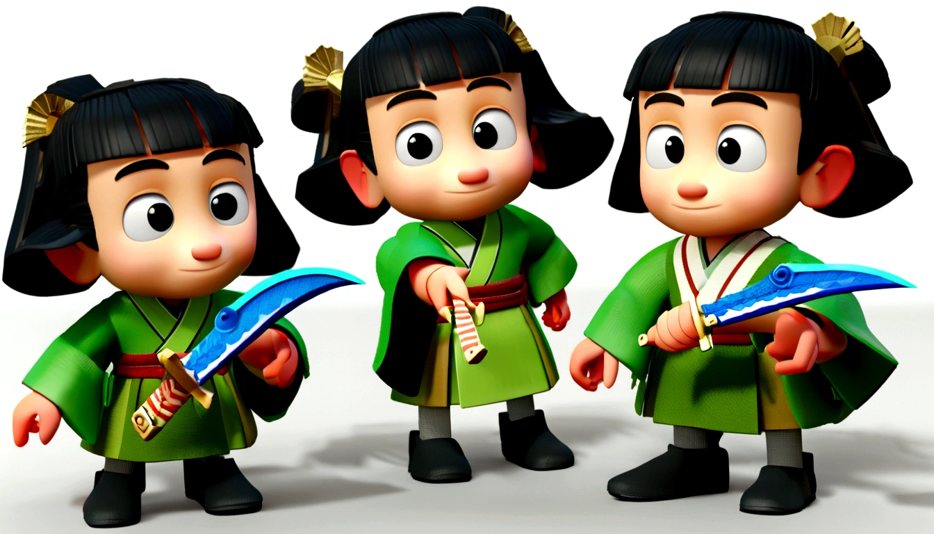 A Guan Yu standing，Short and delicate hair, wear green hanfu,Holding the Blue Dragon Moon Knife , Wear Chinese shoes，Full body image display，White background, child, Tone, Pixar style, 。.3d, Cartoon, Detail production, Asymmetric 16K