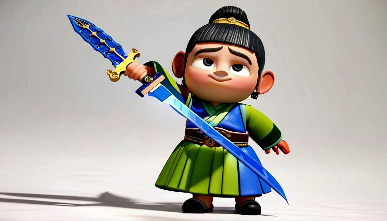 A Guan Yu standing,Short and delicate hair, wear green hanfu,Holding the Blue Dragon Moon Knife , Wear Chinese shoes,Full body image display,White background, child, Tone, Pixar style, 。.3d, Cartoon, Detail production, Asymmetric 16K