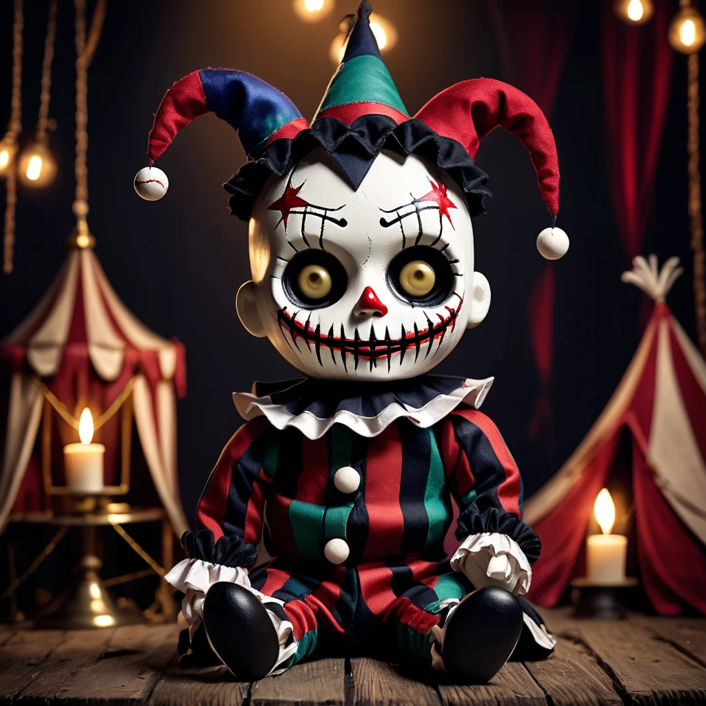 (knitted toy voodoo doll:1.2), (Voodoo Nightmare Jester:1.3), (Clothing Black and white jester suit with bells:1.0), make-up on face, gloomy smile, (in the background Dark circus with extinguished lights, torn tents and empty cages:1.2), best quality, masterpiece, detailed soft oil painting, detailed background, dramatic cinematic lighting, soft edge lighting, professional, dramatic lighting, hard edge lighting, ultra quality, 4k, masterpiece, best quality, 8k, ultra high definition, high resolution, extremely detailed