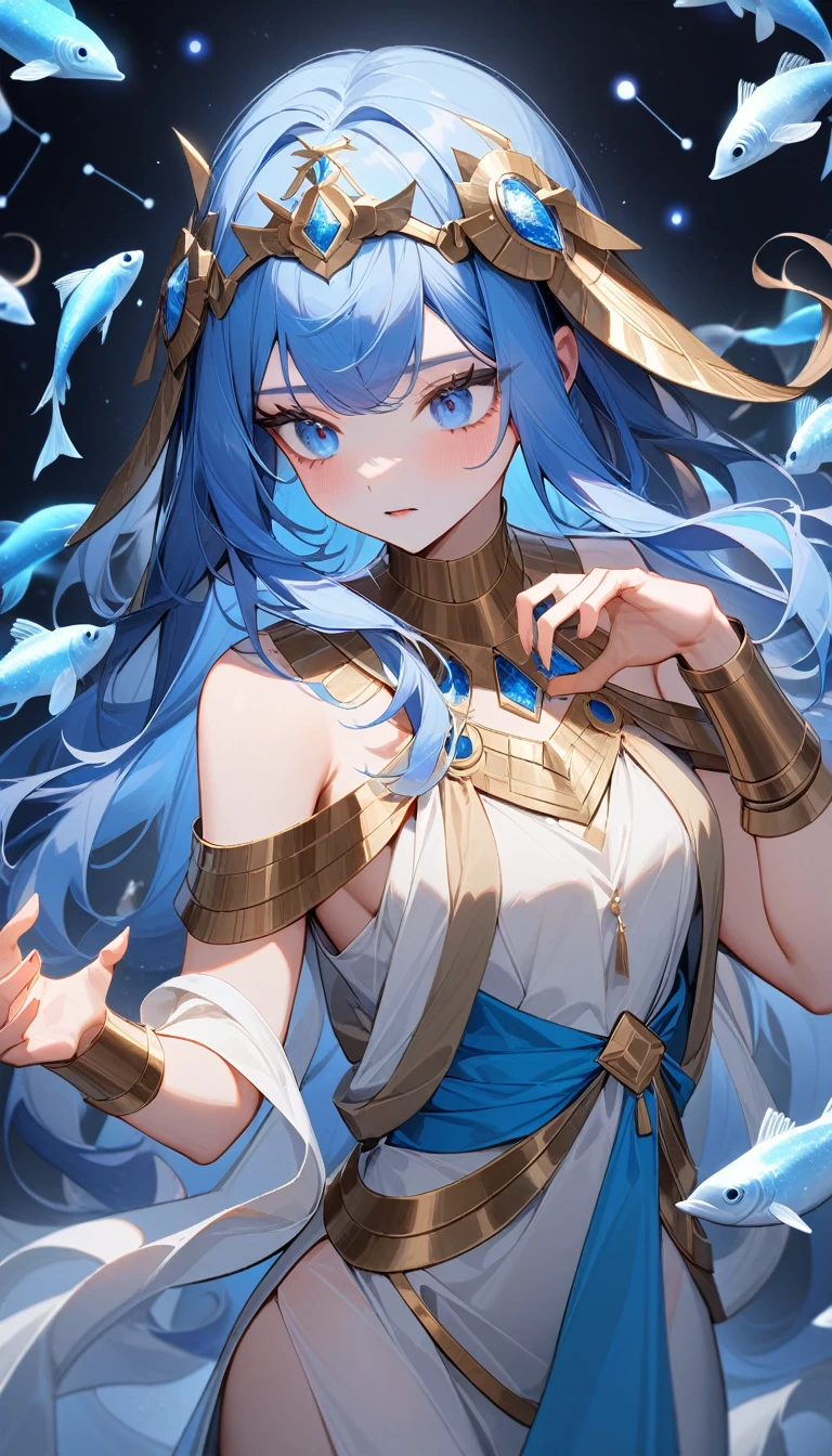 (Huang Li、high quality、Extremely detailed),Constellation-Pisces Goddess,Little fish,Woman petting a school of fish,Similar to Latin goodness,brave,capricious,Productivity,The face of enterprising and humanitarianism,Long blue hair,Ancient Greek costumes、Wrap Dress,The background is the universe,Crystal blue eyes(Eyes Details),Powerful appearance