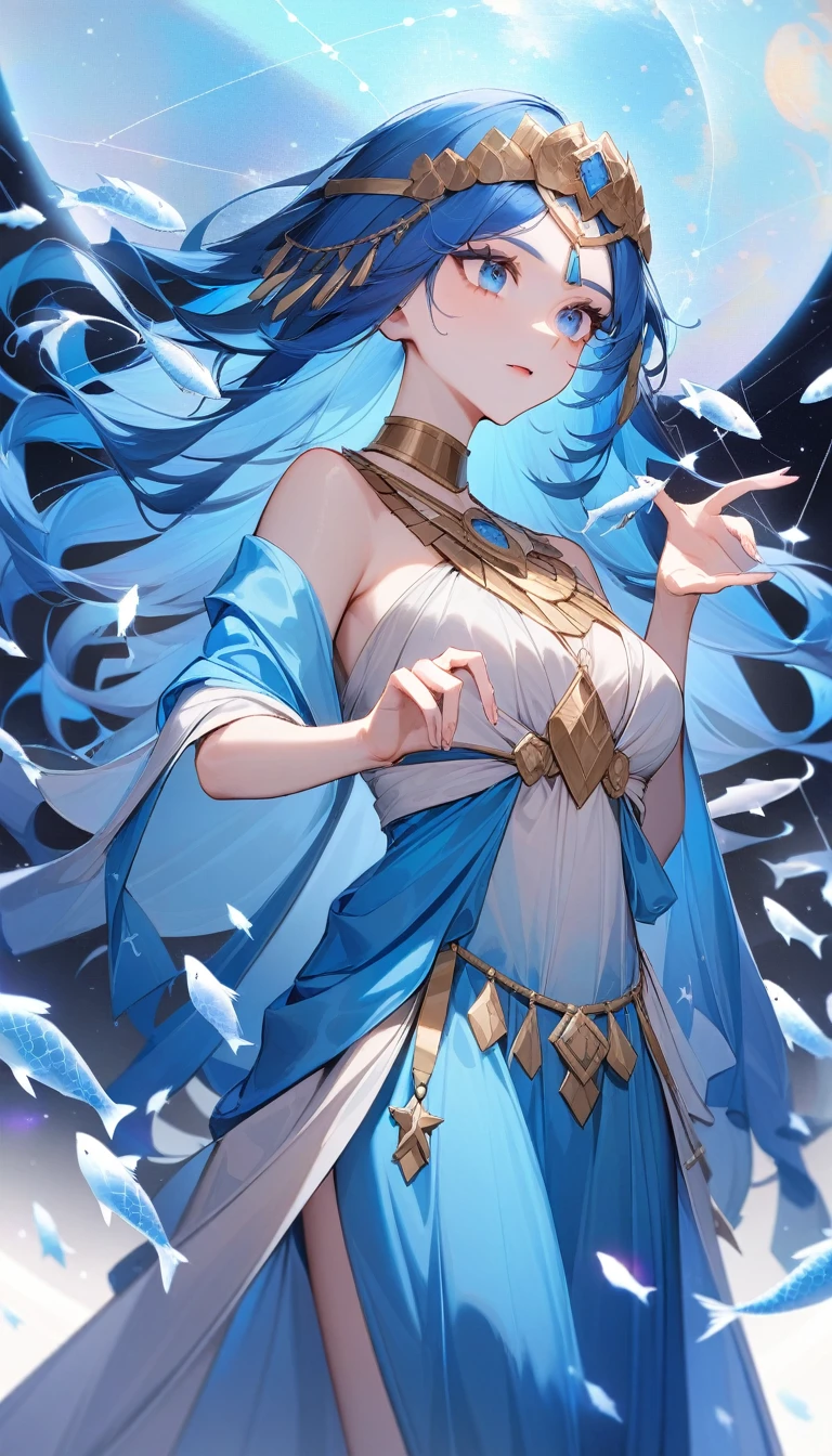 (Huang Li、high quality、Extremely detailed),Constellation-Pisces Goddess,Little fish,Woman petting a school of fish,Similar to Latin goodness,brave,capricious,Productivity,The face of enterprising and humanitarianism,Long blue hair,Ancient Greek costumes、Wrap Dress,The background is the universe,Crystal blue eyes(Eyes Details),Powerful appearance