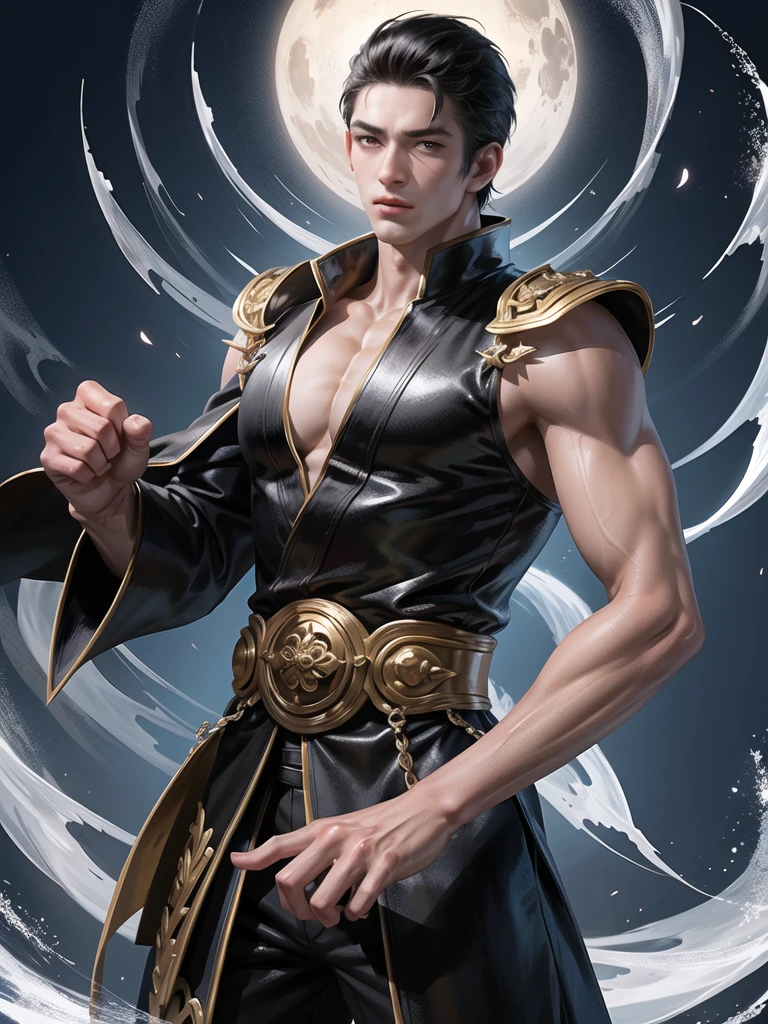 (Martial arts style works),(quality),(height)   ,1 boy,light black eyes, short dark white hair., alone,(A detailed background of a young boy.),The face is handsome and detailed..,fairy tale,(human race),The body is large and shiny....,Image of the creation of a dark magic camp,light narration film,cannot&#39;Can&#39;t see the view.,cannotมองวิว..,light and shadow,Wear beautiful traditional Chinese clothing with perfect details...(No pants),Wear beautiful blue and white traditional Chinese clothing...,Fine jewelry website, style,moon,floating on water,, There was a delicate turquoise ring surrounding the dark element behind it.