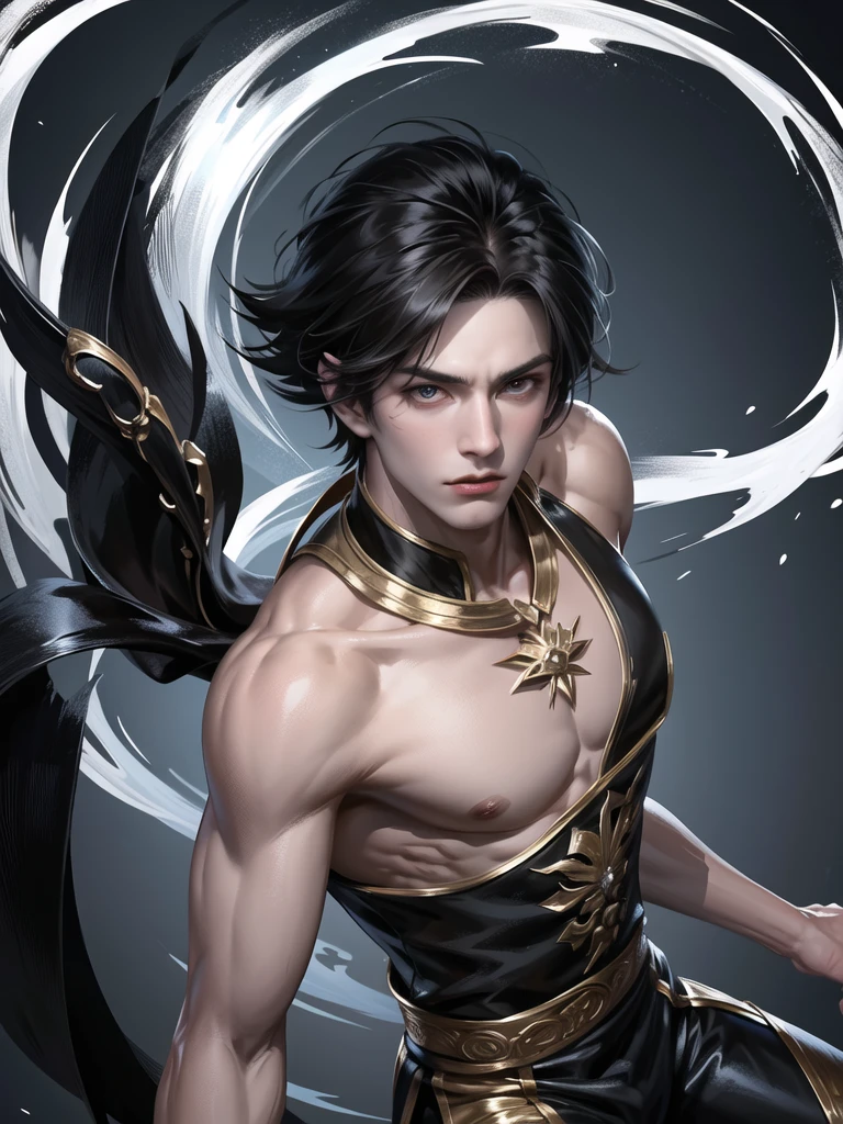 (Martial arts style works),(quality),(height) ,1 boy,light black eyes, short dark white hair., alone,(A detailed background of a young boy.),The face is handsome and detailed..,fairy tale,(human race),The body is large and shiny....,Image of the creation of a dark magic camp,light narration film,cannot'Can't see the view.,cannotมองวิว..,light and shadow,Wear beautiful traditional Chinese clothing with perfect details...(No pants),Wear beautiful blue and white traditional Chinese clothing...,Fine jewelry website, style,moon,floating on water,, There was a delicate turquoise ring surrounding the dark element behind it.
