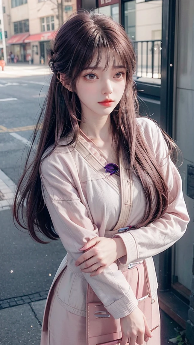 An elementary student Japanese girl ((flat chest, slender)),brown long hair((straight hair ))((much blush bangs forelock:1.3)), tidy long sleeves casual shirts (( pale purple turtle neck )),((white overcoat)), ((pale pink maxi length skirt)), pale bluish purple beanie, sparkly orange big round droopy eyes,eyelashes, blush and passionate smile, cheerful and tidy atmosphere,  ((neatly posing)), a snowy day ,(( face focus )), best quality