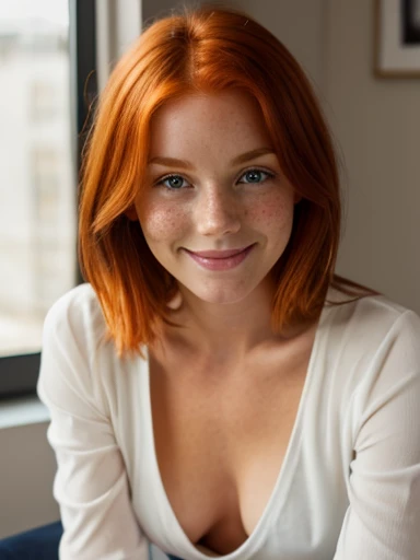 beautiful girl, smile, happy, pov sitting beside viewer, (detailed eyes:0.8), (looking at the camera:1.4), interior, ginger hair:1.3, dark studio, muted colors, freckles, down blouse, little breasts
